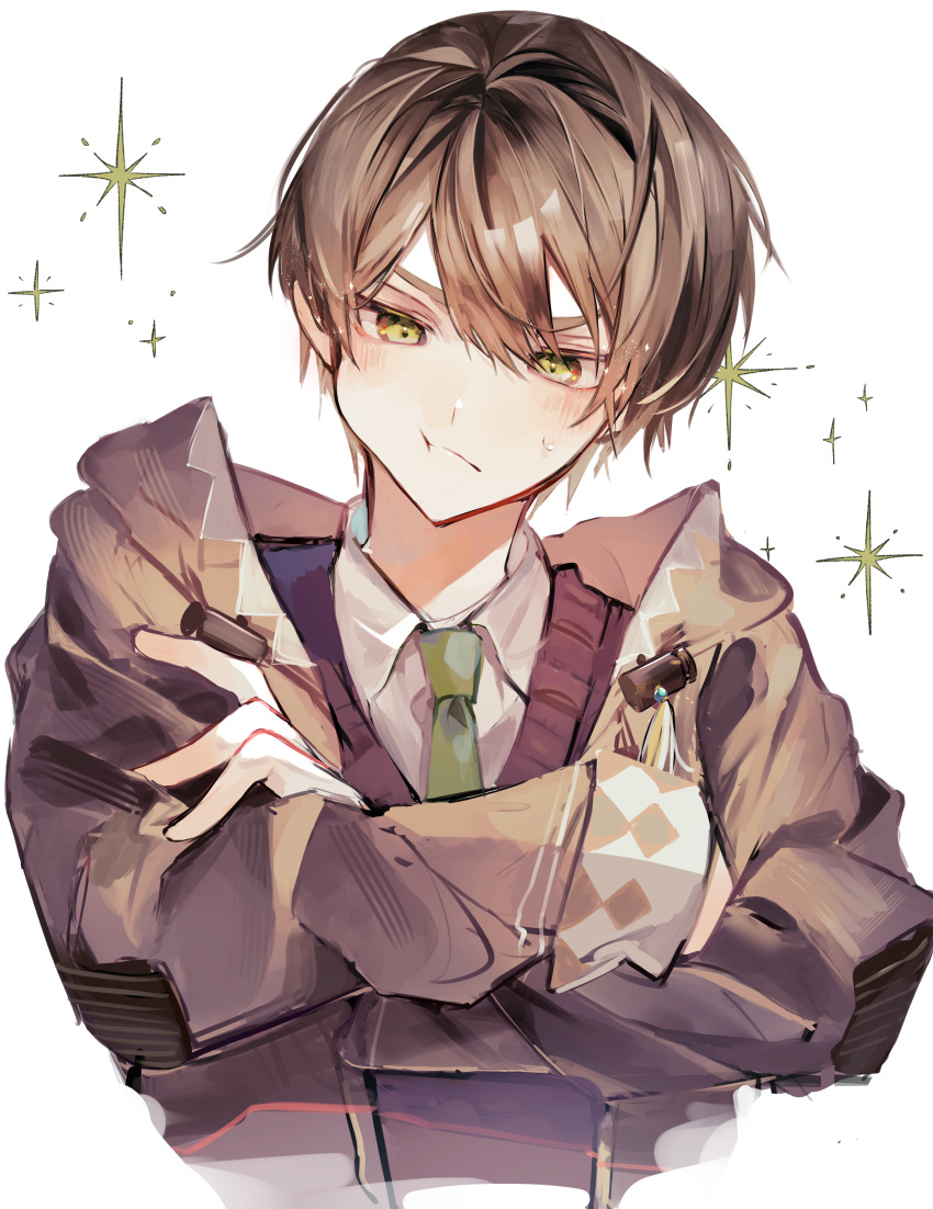 1boy :t absurdres blush brown_coat brown_hair brown_sweater_vest coat collared_shirt cropped_torso crossed_arms green_eyes green_necktie hair_between_eyes highres hood hood_down hooded_coat looking_away mahoutsukai_no_yakusoku male_focus mitile_flores necktie pout shirt short_hair simple_background solo sparkle sweatdrop sweater_vest u-sama_(u_summer0719) white_background white_shirt