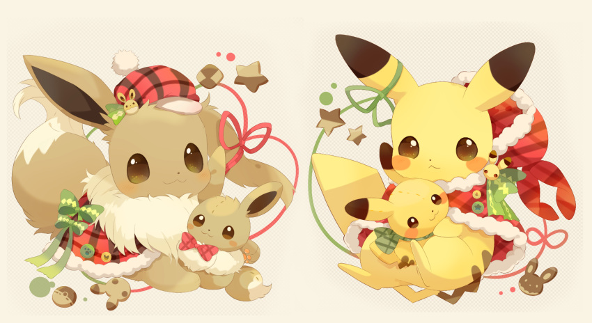 :3 blush blush_stickers brown_eyes character_doll closed_mouth clothed_pokemon commentary_request doll eevee highres holding holding_doll looking_at_viewer no_humans pikachu pokemon pokemon_(creature) smile ushiina