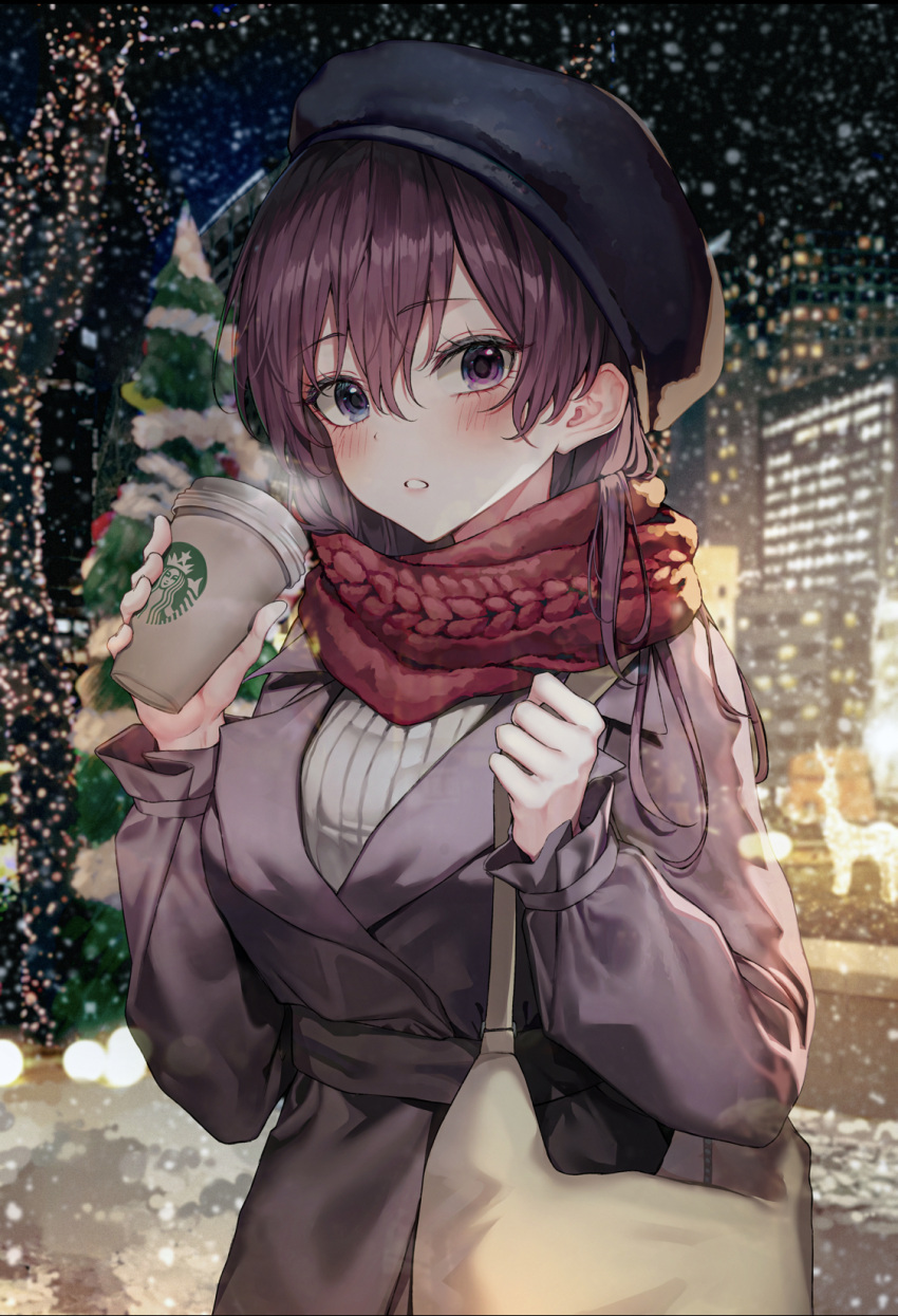 1girl bag bangs beret black_headwear blue_eyes blush brown_jacket christmas christmas_tree coffee_cup cup disposable_cup earrings hand_up handbag hat heterochromia highres holding holding_cup jacket jewelry long_hair long_sleeves looking_at_viewer luxiel night original outdoors parted_lips purple_hair red_scarf scarf sky snow snowing solo standing violet_eyes