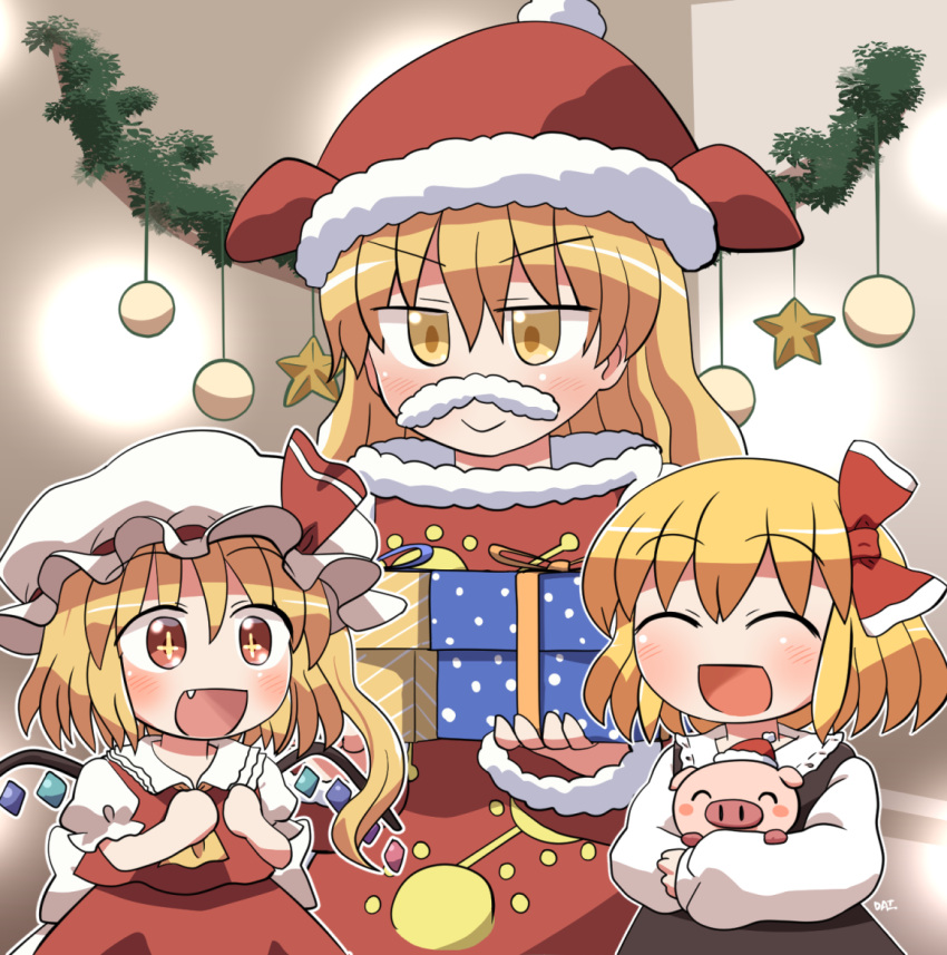 3girls animal ascot black_skirt black_vest blonde_hair blush box christmas closed_eyes closed_mouth collared_shirt constellation_print fake_facial_hair fake_mustache fang flandre_scarlet gift gift_box hair_between_eyes hair_ribbon hat holding holding_gift long_hair long_sleeves matara_okina mob_cap multiple_girls open_mouth pig puffy_short_sleeves puffy_sleeves red_eyes red_headwear red_ribbon red_skirt red_vest ribbon rokugou_daisuke rumia santa_costume santa_hat shirt short_hair short_sleeves side_ponytail signature skirt smile touhou vest white_headwear white_shirt yellow_ascot yellow_eyes