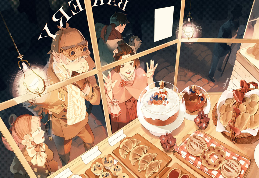 2boys 2girls ace_attorney basket black_hair blonde_hair cake christmas_cake closed_mouth coat croissant flower food gloves goggles hair_rings hand_on_glass hand_on_own_chin hat herlock_sholmes highres iris_wilson jacket lamp long_sleeves looking_ahead looking_at_another muffin multiple_boys multiple_girls night open_mouth pink_hair plate ribbon road ryunosuke_naruhodo scarf short_hair smile storefront street susato_mikotoba the_great_ace_attorney wallet white_scarf window_shopping worvies
