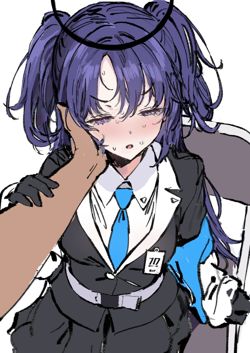 1girl 1other ame_(uten_cancel) bangs belt blue_archive blue_necktie blush collared_shirt half-closed_eyes halo hand_on_another's_cheek hand_on_another's_face highres name_tag necktie open_mouth pov purple_hair shirt short_twintails simple_background sitting sweat twintails white_background white_shirt yuuka_(blue_archive)