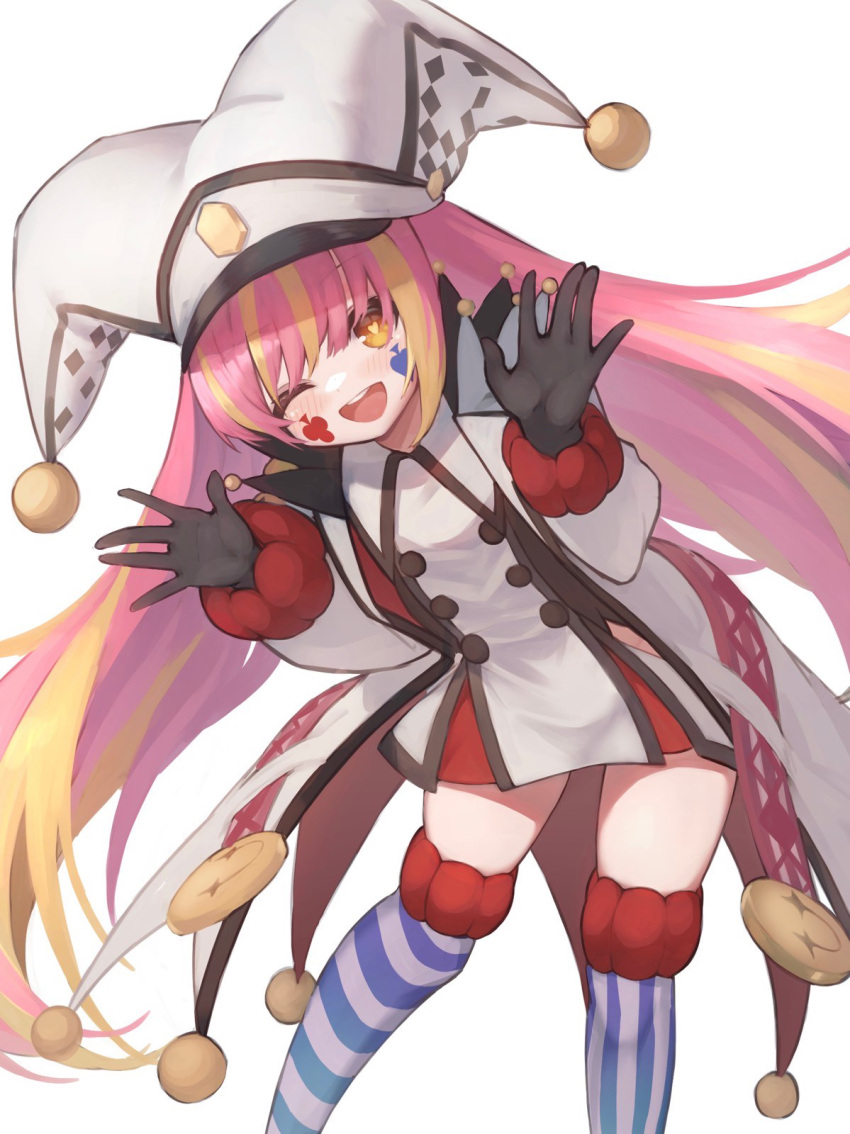 1girl bangs baraboo_(mist_train_girls) black_gloves blue_socks blush club_(shape) coat commentary_request dress facial_tattoo feet_out_of_frame flat_chest gloves hat heart heart-shaped_pupils highres jester jester_cap kneehighs long_hair long_sleeves looking_at_viewer mismatched_socks mist_train_girls multicolored_hair one_eye_closed open_clothes open_coat open_mouth orange_eyes orange_hair pink_hair pointy_footwear simple_background smile socks solo spade_(shape) striped striped_socks symbol-shaped_pupils tattoo teeth tomisaka_yorui two-tone_hair two-tone_socks upper_teeth_only vertical-striped_socks vertical_stripes very_long_hair white_background white_coat white_dress white_headwear white_socks