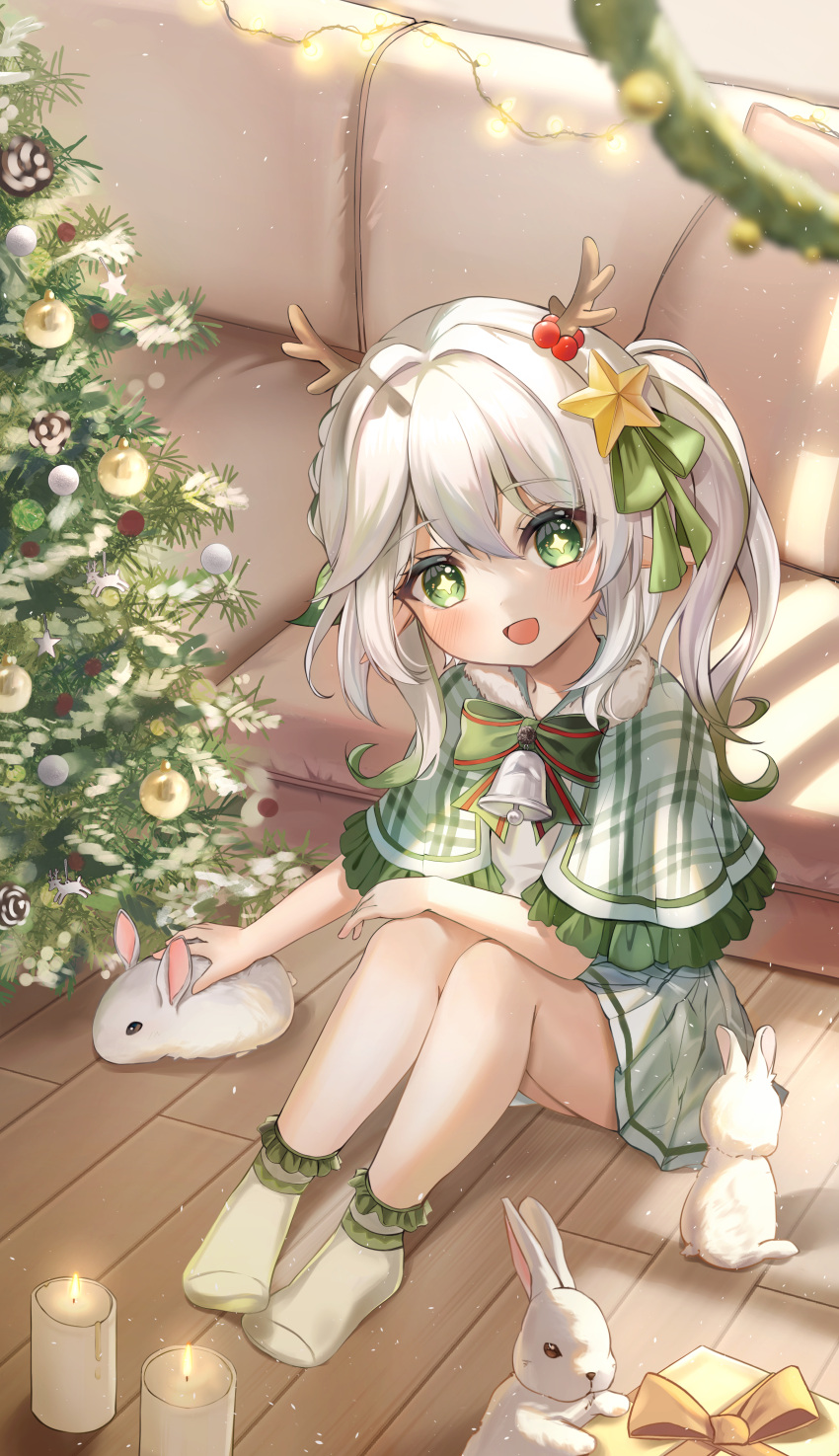 1girl :d absurdres bell bow bowtie box christmas christmas_tree clover-shaped_pupils deer_antlers dress full_body genshin_impact gift gift_box green_bow green_bowtie green_eyes green_hair hair_ornament hasom highres knees_up looking_at_viewer medium_hair multicolored_hair nahida_(genshin_impact) one_side_up open_mouth plaid_capelet rabbit sitting smile socks star_(symbol) star_hair_ornament two-tone_hair white_dress white_hair white_socks