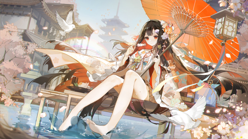absurdres bangs bare_legs barefoot benghuai_xueyuan bird black_hair character_request closed_mouth dango flower food hair_flower hair_ornament highres holding holding_food honkai_(series) japanese_clothes long_hair long_sleeves multicolored_hair oil-paper_umbrella pleated_skirt red_eyes redhead ruoganzhao sitting skirt smile solo straight_hair umbrella wagashi wide_sleeves