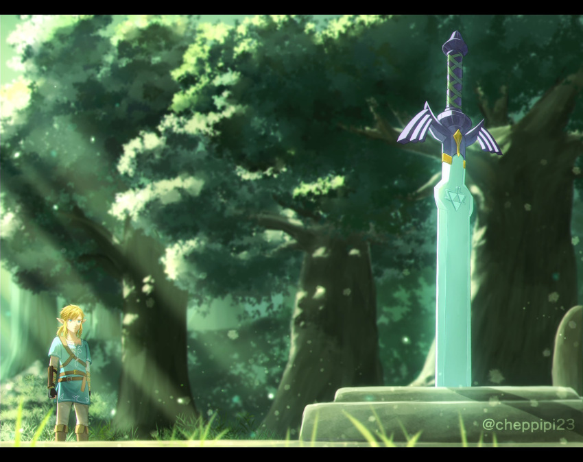 1boy blonde_hair blue_tunic blurry blurry_foreground boots brown_footwear forest gloves grass highres letterboxed link low_ponytail male_focus medium_hair nature outdoors planted planted_sword pointy_ears sidelocks solo sunlight sword the_legend_of_zelda the_legend_of_zelda:_breath_of_the_wild tree triforce twitter_username weapon yayoi_(chepiiii23)