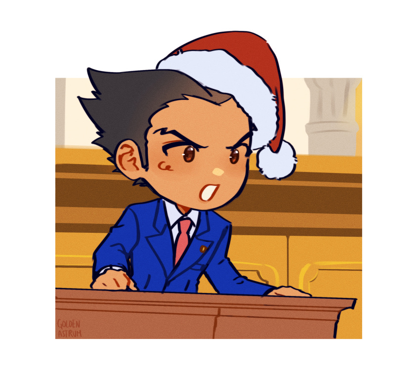 1boy ace_attorney black_hair blue_jacket brown_eyes chibi christmas collared_shirt courtroom formal goldenastrum hat highres jacket long_sleeves looking_ahead male_focus necktie open_mouth phoenix_wright red_headwear santa_hat shirt short_hair solo spiky_hair suit upper_body white_shirt