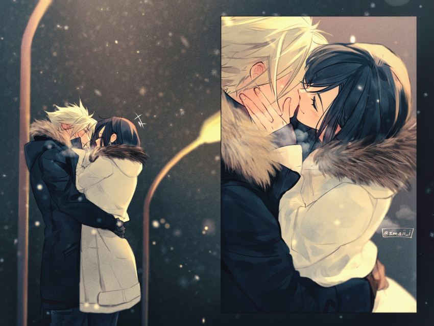 1boy 1girl bangs black_coat black_gloves black_hair blonde_hair blush breath closed_eyes closed_mouth cloud_strife coat commentary couple cowboy_shot earrings final_fantasy final_fantasy_vii final_fantasy_vii_remake fur-trimmed_coat fur_trim gloves hands_on_another's_face highres hug jewelry kiss lamppost long_hair maiii_(smaii_i) night outdoors single_earring smile snow snowing spiky_hair standing swept_bangs symbol-only_commentary tifa_lockhart twitter_username upper_body white_coat winter_clothes