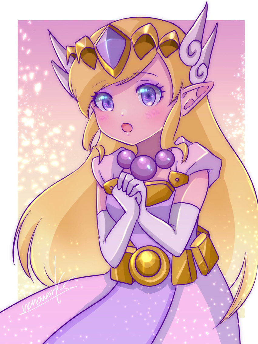 1girl belt blonde_hair dress elbow_gloves eyelashes gloves hair_ornament highres jewelry long_hair necklace nonoworks open_mouth own_hands_together pointy_ears princess_zelda purple_dress signature solo the_legend_of_zelda the_legend_of_zelda:_spirit_tracks tiara violet_eyes white_gloves