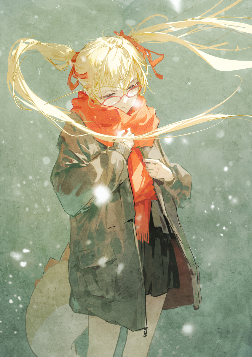 1girl absurdres black_skirt blonde_hair blue_eyes coat cowboy_shot dino_(dinoartforame) dinosaur_tail glasses hair_ribbon highres long_hair original overcoat red_ribbon red_scarf ribbon scarf simple_background skirt snowing solo tail twintails winter winter_clothes