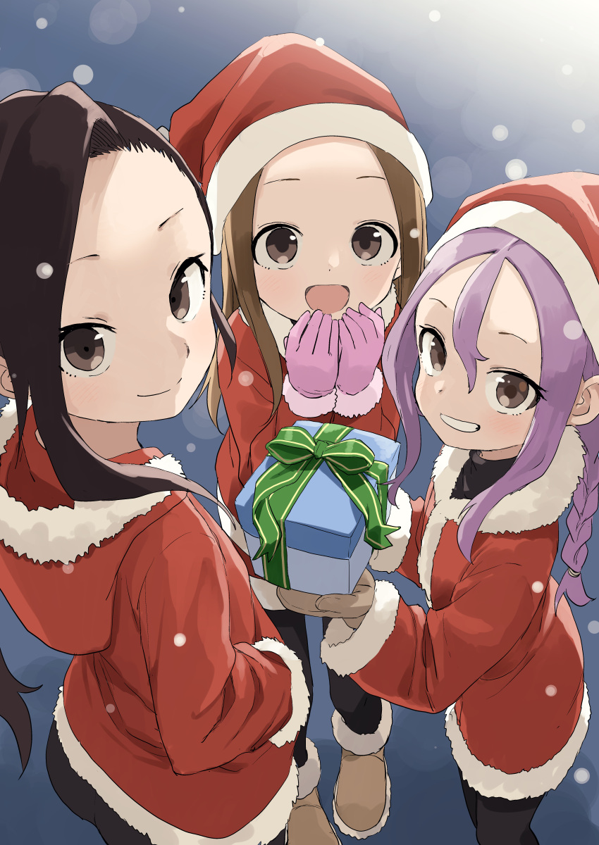 3girls :d absurdres alternate_costume bangs black_hair black_sweater blush box braid brown_eyes brown_hair christmas closed_mouth crossover forehead fur-trimmed_jacket fur_trim gift gift_box gloves grin hair_between_eyes hands_up hat highres holding holding_gift hood hooded_jacket hoodie jacket karakai_jouzu_no_takagi-san kunoichi_tsubaki_no_mune_no_uchi long_hair looking_at_viewer multiple_girls open_mouth parted_bangs purple_hair santa_costume single_braid smile snowing soredemo_ayumu_wa_yosetekuru standing sweater takagi-san tsubaki_(kunoichi_tsubaki_no_mune_no_uchi) twin_braids yamamoto_souichirou yaotome_urushi