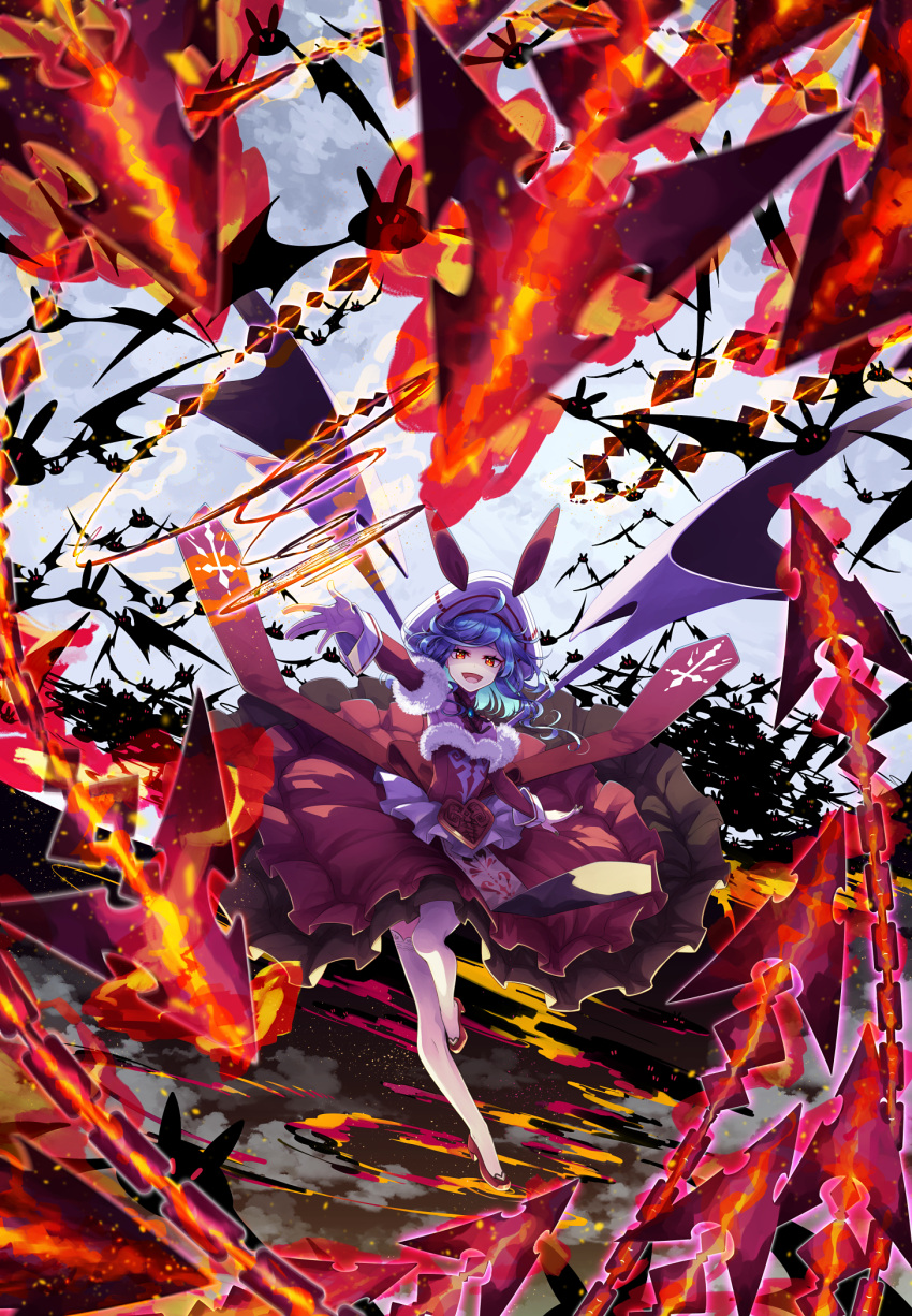 1girl :d \||/ bat_(animal) bat_wings blue_hair chain commentary commission curiosities_of_lotus_asia detached_sleeves dress fire full_body fur-trimmed_dress fur-trimmed_sleeves fur_trim hat highres long_hair looking_at_viewer official_alternate_costume open_mouth red_dress red_eyes red_footwear red_sleeves remilia_scarlet sakuraba_yuuki skeb_commission sleeve_cuffs smile solo standing standing_on_one_leg thigh-highs touhou white_headwear white_thighhighs wings