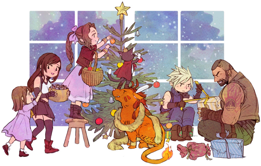 3boys 3girls aerith_gainsborough animal armor bangle bangs bare_shoulders barret_wallace basket beard black_bra black_hair black_skirt black_thighhighs blonde_hair blue_pants blue_shirt boots box bra bracelet braid braided_ponytail brown_hair brown_vest cait_sith_(ff7) cape cat chibi christmas christmas_ornaments christmas_tree cloud_strife crop_top cropped_jacket crown dark-skinned_male dark_skin decorating dress elbow_gloves facial_hair facial_mark facing_away feather_hair_ornament feathers female_child final_fantasy final_fantasy_vii final_fantasy_vii_remake fingerless_gloves flame-tipped_tail full_body gift gift_box gloves green_pants hair_ornament hair_ribbon highres holding holding_basket holding_box holding_ornament holding_ribbon indoors jacket jewelry lanimalu long_dress long_hair looking_at_another marlene_wallace mini_crown miniskirt multiple_boys multiple_girls orange_fur pants parted_bangs pink_dress pink_ribbon red_cape red_footwear red_jacket red_xiii redhead ribbon shirt short_hair short_sleeves shoulder_armor sidelocks sitting skirt sleeveless sleeveless_turtleneck snow spiky_hair sports_bra standing_on_another's_head stool suspenders swept_bangs thigh-highs tifa_lockhart tinsel turtleneck tying underwear very_short_hair vest white_background white_gloves window
