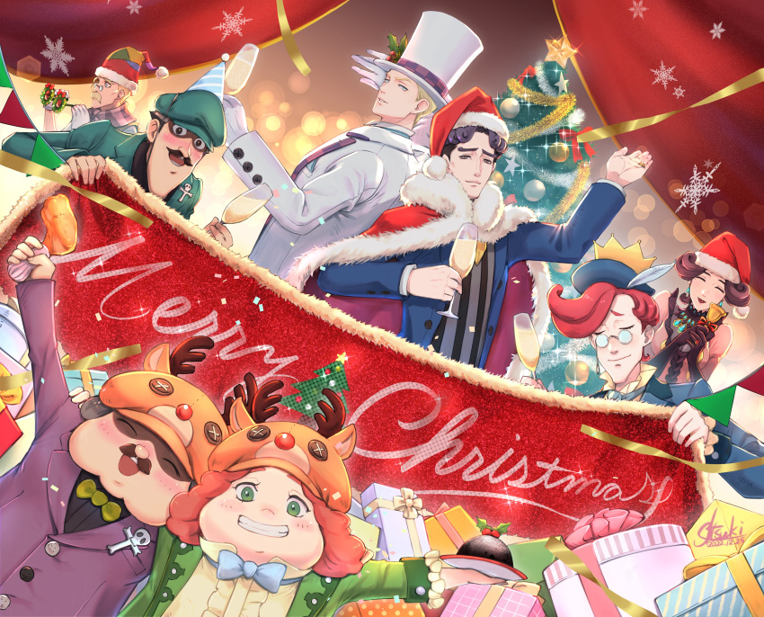 6+boys absurdres ace_attorney alcohol antlers arm_up ashley_graydon banner bell black_hair blonde_hair blue_eyes bow bowtie box champagne chicken_leg christmas christmas_ornaments christmas_tree closed_eyes closed_mouth cup daley_vigil evie_vigil fabien_de_rousseau fake_antlers food formal fur-trimmed_headwear gift gift_box gloves hat highres holding holding_cup holding_plate jacket jingle_bell looking_at_viewer mason_milverton merry_christmas multiple_boys nash_skulkin open_mouth party_hat peppino_de_rossi plate pudding red_headwear redhead reindeer_antlers reindeer_hat ringo_skulkin santa_hat short_hair smile suit the_great_ace_attorney top_hat tsuki_(applebeniakari) white_gloves white_jacket