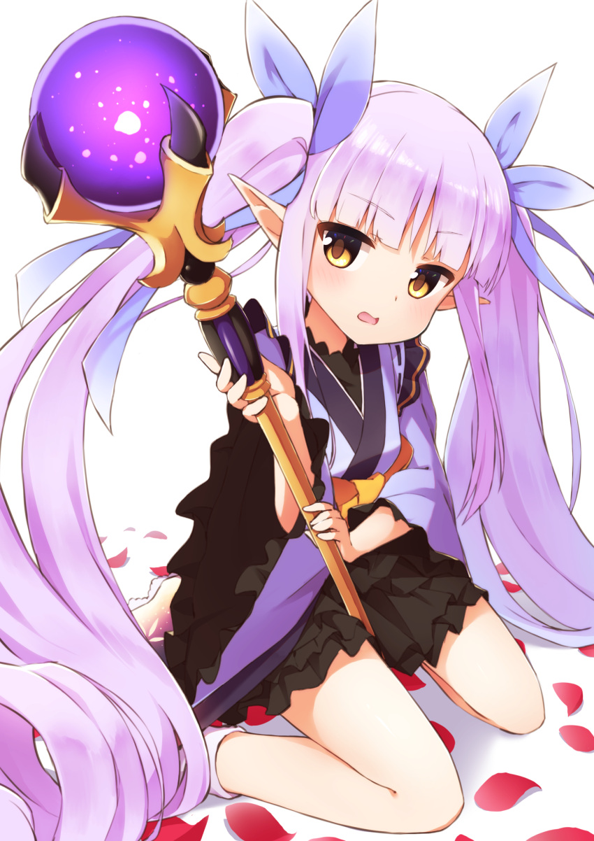 1girl bangs blunt_bangs elf frilled_skirt frills highres holding holding_staff japanese_clothes kochi_michikaze kyouka_(princess_connect!) long_hair long_sleeves looking_at_viewer obi open_mouth petals pointy_ears princess_connect! purple_hair sash sidelocks simple_background sitting skirt staff twintails very_long_hair wariza white_background yellow_eyes