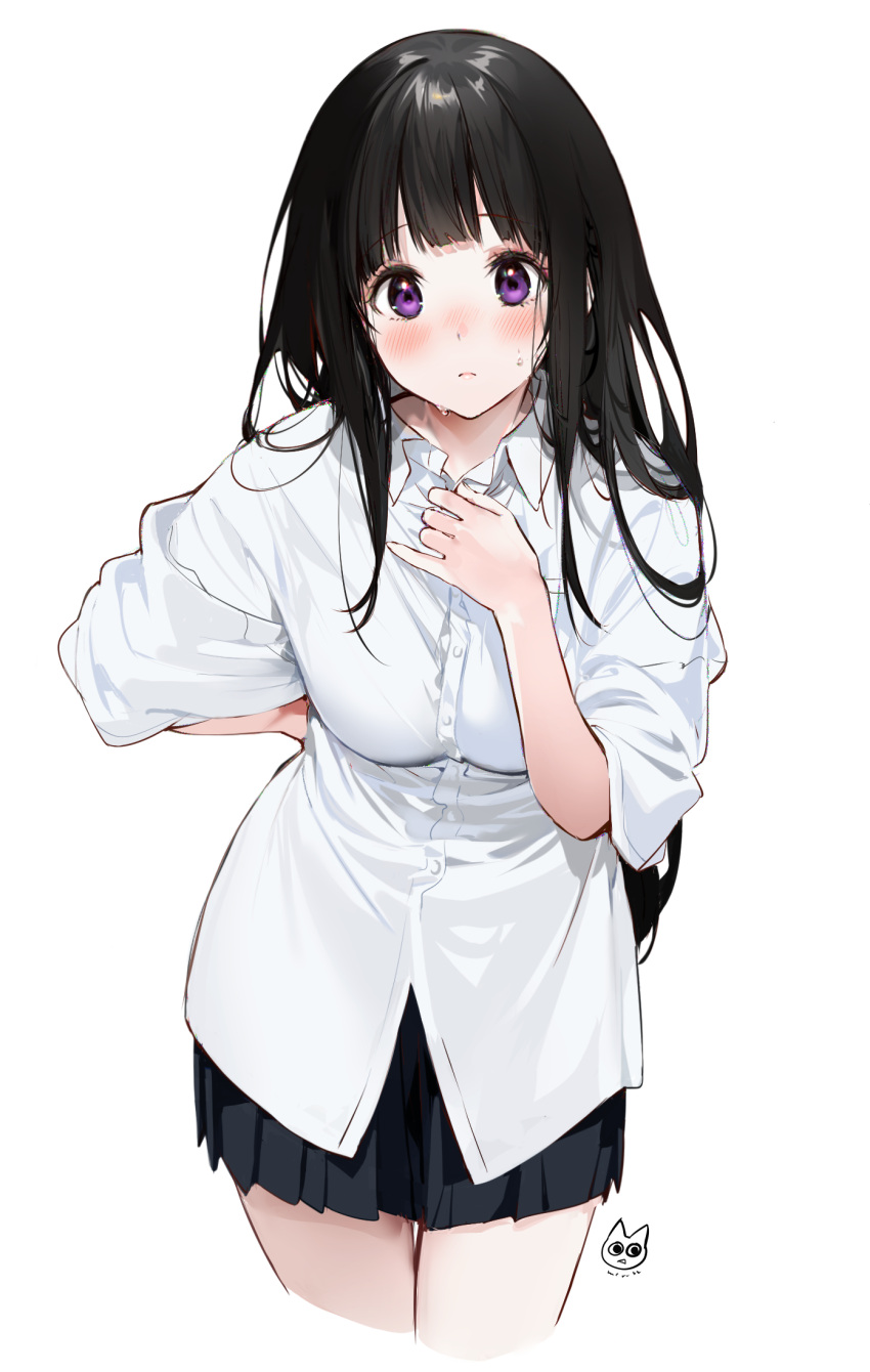 1girl alternate_costume arm_behind_back artist_logo bangs black_hair black_skirt blush breast_pocket breasts buttons chitanda_eru closed_mouth collared_shirt cropped_legs dress_shirt frown hand_up highres hyouka large_breasts leaning_forward long_hair looking_at_viewer mery_(yangmalgage) miniskirt pleated_skirt pocket school_uniform shiny shiny_hair shirt sidelocks simple_background skirt sleeves_rolled_up solo sweat thighs untucked_shirt violet_eyes white_background white_shirt