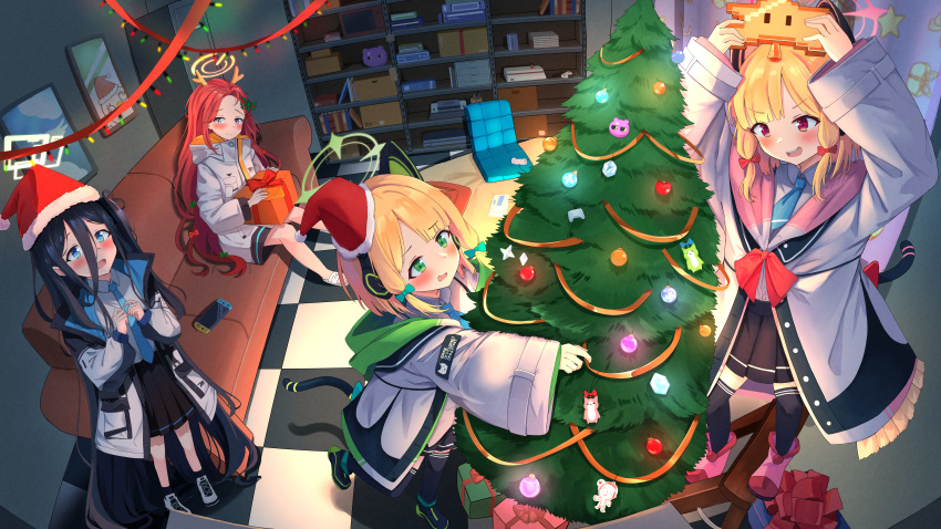 4girls absurdres animal_ear_headphones animal_ears aris_(blue_archive) blue_archive cat_ear_headphones christmas christmas_lights christmas_ornaments christmas_tree couch deer_antlers fake_animal_ears fake_antlers gift halo handheld_game_console hat headphones highres jacket kuroliu_9021 midori_(blue_archive) momoi_(blue_archive) multiple_girls necktie open_clothes open_jacket santa_hat school_uniform shelf yuzu_(blue_archive)