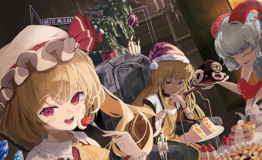 3girls ascot blonde_hair blue_ribbon box cake christmas christmas_tree closed_eyes closed_mouth constellation_print crystal doughnut earrings eating flandre_scarlet food fork gift gift_box green_skirt grey_hair hat highres holding holding_fork holding_plate horn_ornament horn_ribbon horns jewelry long_hair matara_okina mob_cap multiple_girls open_mouth orange_sleeves pancake plate pointy_ears pom_pom_(clothes) red_eyes red_headwear red_horns red_sleeves ribbon santa_hat sharp_teeth sheep_horns short_hair side_ponytail skirt smile tabard teeth touhou toutetsu_yuuma tsukechi white_headwear wide_sleeves wings yellow_ascot yellow_eyes