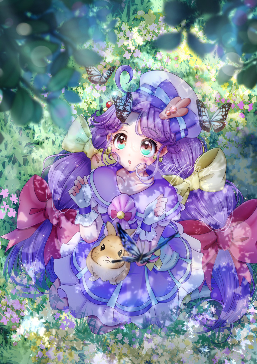 1girl ahoge animal_on_lap bangs blue_bow blue_eyes blush bow bow_earrings bug butterfly choker cure_coral earrings gradient_eyes hair_bow hat highres jewelry long_hair magical_girl multi-tied_hair multicolored_eyes multiple_hair_bows mymo0527 on_grass on_lap open_mouth pink_bow pink_eyes precure purple_choker purple_hair rabbit sailor_hat solo suzumura_sango tropical-rouge!_precure yellow_bow