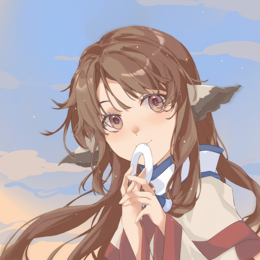 1girl animal_ears brown_hair closed_mouth clouds eruruw eyelashes hands_up highres light_particles long_hair long_sleeves pink_eyes smile solo twilight upper_body utawarerumono virno wide_sleeves