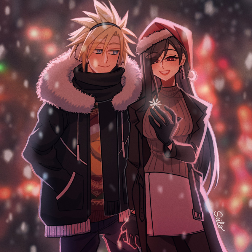 1boy 1girl bangs black_gloves black_hair blonde_hair blue_eyes blurry blurry_background breasts candy_cane_earrings christmas christmas_lights cloud_strife coat couple cowboy_shot earmuffs earrings final_fantasy final_fantasy_vii final_fantasy_vii_remake fur-trimmed_coat fur-trimmed_headwear fur_trim gloves hand_in_pocket hat highres holding_hands jewelry long_hair looking_at_another outdoors pantyhose parted_lips red_eyes red_headwear santa_hat scarf seilidare single_earring skirt smile snow snowflakes snowing spiky_hair swept_bangs tifa_lockhart winter_clothes