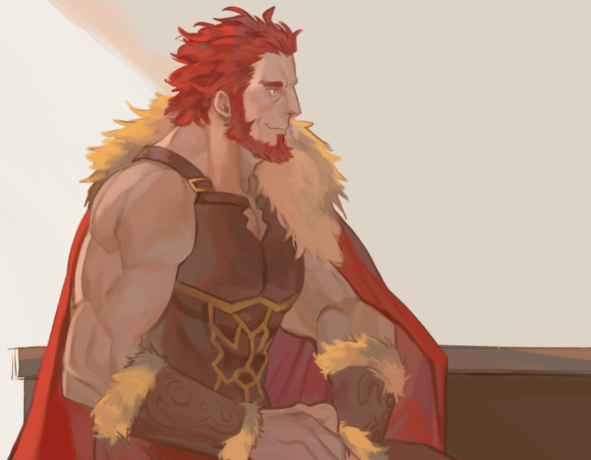 1boy armor beard bracer breastplate cape cleavage_cutout clothing_cutout commentary_request facial_hair fate/grand_order fate_(series) from_side fur-trimmed_cape fur_trim halorane highres iskandar_(fate) korean_commentary leather looking_to_the_side male_focus mature_male muscular muscular_male pectoral_cleavage pectorals red_eyes redhead short_hair smile solo stomach upper_body