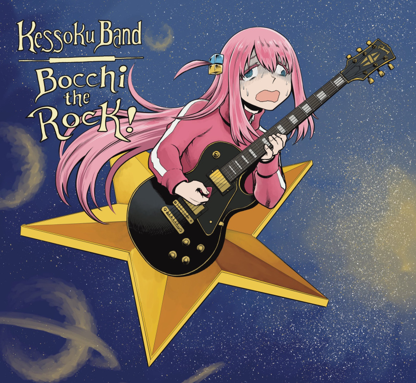 1girl album_cover album_cover_redraw bangs blue_eyes bocchi_the_rock! cover cube_hair_ornament derivative_work electric_guitar gibson_les_paul gotou_hitori guitar hair_between_eyes hair_ornament hair_over_eyes highres holding holding_instrument instrument jacket long_hair music one_side_up parody pink_hair pink_jacket playing_instrument smashing_pumpkins solo track_jacket tsunamino_yuu