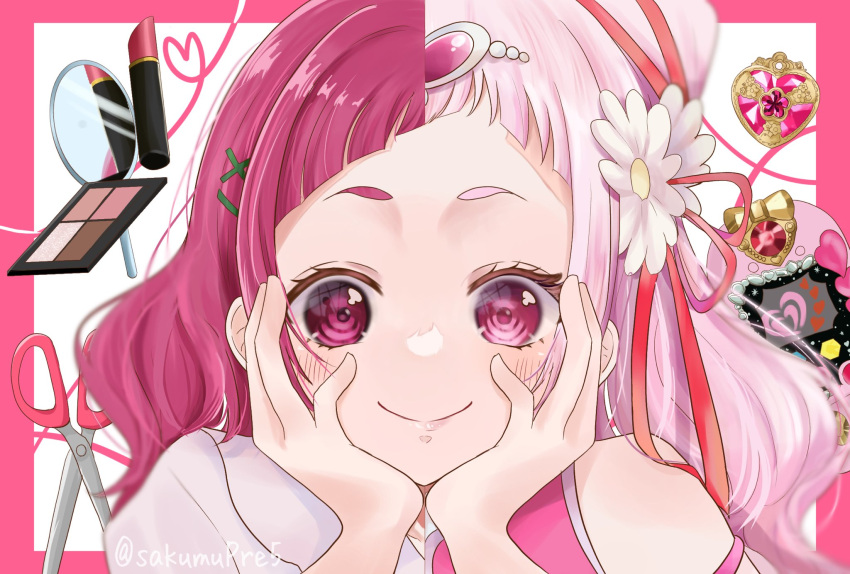 blush commentary_request cone_hair_bun cosmetics cure_yell flower hair_bun hair_flower hair_ornament hairclip hands_on_own_cheeks hands_on_own_face heart heart_hair_ornament highres hikimayu hugtto!_precure lipstick_tube long_hair magical_girl makeup nono_hana pink_eyes pink_hair precure sakumupre5 scissors short_bangs smile split_theme