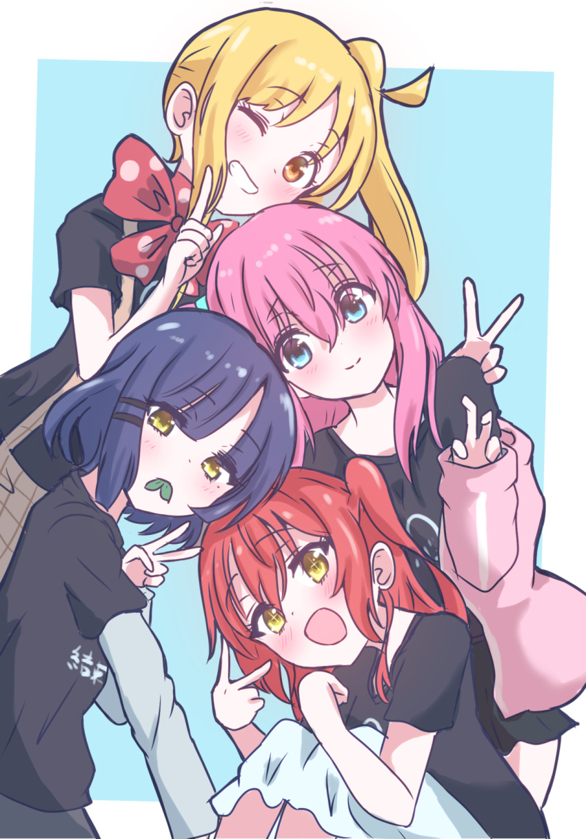 4girls ahoge bangs black_shirt blonde_hair blue_background blue_eyes blue_hair blue_skirt blush bocchi_the_rock! border closed_mouth giorgio_(yo_sumire_sola1) gotou_hitori hair_over_shoulder highres ijichi_nijika jacket kita_ikuyo long_hair long_sleeves looking_at_viewer multiple_girls one_eye_closed open_clothes open_jacket open_mouth orange_eyes pink_hair pink_jacket print_shirt raised_eyebrows redhead shirt short_hair short_sleeves sidelocks sitting skirt smile standing track_jacket v white_border yamada_ryou yellow_eyes