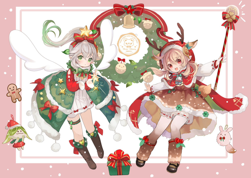 alternate_costume animal_ears aranara_(genshin_impact) blonde_hair border bow bowtie box brown_footwear deer_antlers dress fake_animal_ears fake_antlers full_body genshin_impact gift gift_box gloves green_eyes hair_between_eyes hair_ornament highres holding holding_staff issign klee_(genshin_impact) long_hair long_sleeves merry_christmas nahida_(genshin_impact) pink_border pointy_ears red_bow red_bowtie red_eyes red_headwear staff star_(symbol) star_hair_ornament thigh_strap white_dress white_gloves white_hair