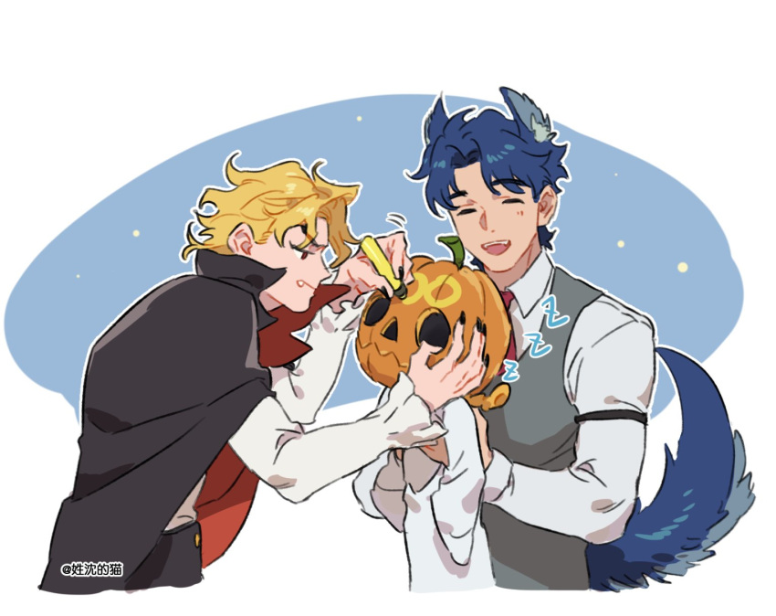 3boys animal_ears arm_strap black_cape blonde_hair blue_hair braid cape closed_eyes dio_brando english_commentary family fangs father_and_son giorno_giovanna halloween highres holding holding_marker honlo jack-o'-lantern jojo_no_kimyou_na_bouken jonathan_joestar lifting_person long_hair long_sleeves looking_at_another male_focus marker multiple_boys pumpkin_hat shirt short_hair sleeping smile tail vampire vest werewolf white_shirt wolf_ears wolf_tail zzz