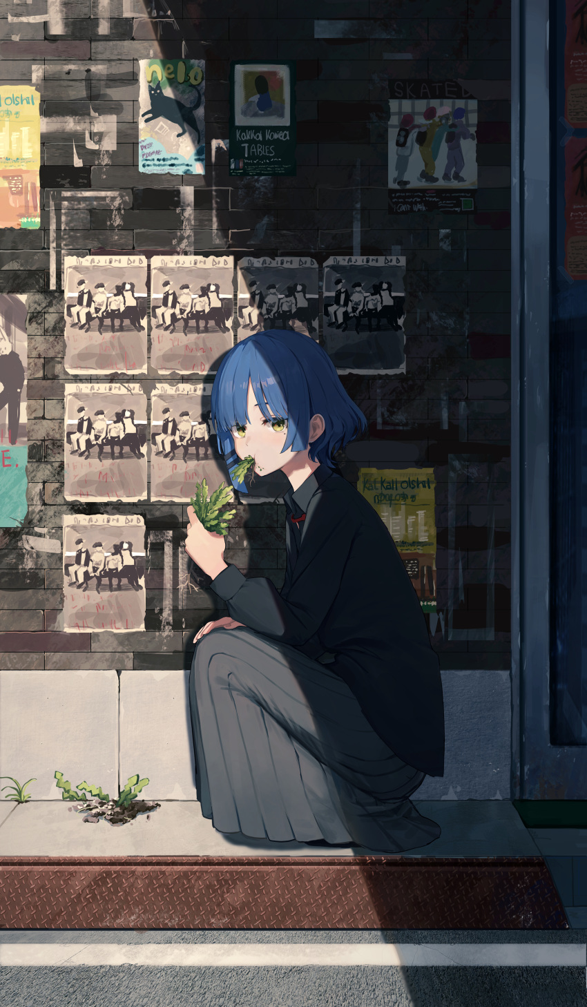 1girl absurdres bangs black_shirt blue_hair bocchi_the_rock! collared_shirt commentary eating full_body grey_skirt hand_on_own_knee highres holding_grass long_skirt long_sleeves looking_at_viewer mole mole_under_eye mouth_hold parted_bangs pigone pleated_skirt poster_(object) road shirt short_hair sitting skirt solo squatting stalk_in_mouth stone_wall sunlight wall yamada_ryou yellow_eyes