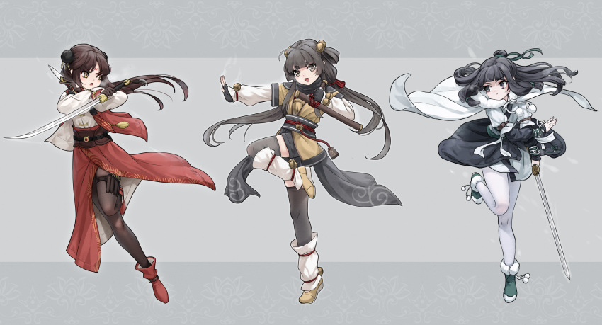 3girls :d absurdres bell black_gloves black_hair black_pantyhose black_thighhighs boots brown_eyes brown_footwear chinese_clothes closed_mouth commentary_request fingerless_gloves gloves grey_background grey_eyes highres holding holding_sword holding_weapon japanese_clothes jingle_bell kimono long_sleeves multiple_girls obi original outstretched_arm pantyhose puffy_long_sleeves puffy_sleeves red_footwear red_skirt sash shirt shoes short_eyebrows skirt smile standing standing_on_one_leg sword thick_eyebrows thigh-highs tonfa too-ye v-shaped_eyebrows weapon white_kimono white_pantyhose white_shirt