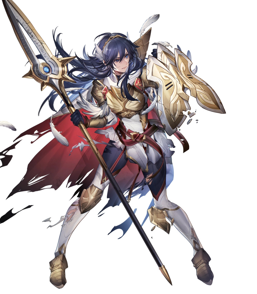 1girl alternate_costume arm_guards armor armored_boots bangs belt blue_eyes blue_hair bodysuit bodysuit_under_clothes boots breastplate broken_armor broken_shield cape closed_mouth feather_trim feathers fire_emblem fire_emblem_awakening fire_emblem_heroes full_body garter_straps gloves gold_trim highres holding holding_shield holding_weapon jewelry lips long_hair looking_away lucina_(fire_emblem) mizutama_(mao11260510) multiple_belts non-web_source official_art polearm ribbed_bodysuit scar scar_on_cheek scar_on_face shield shiny shiny_hair shoulder_armor skin_tight solo spear tiara torn_clothes transparent_background turtleneck weapon