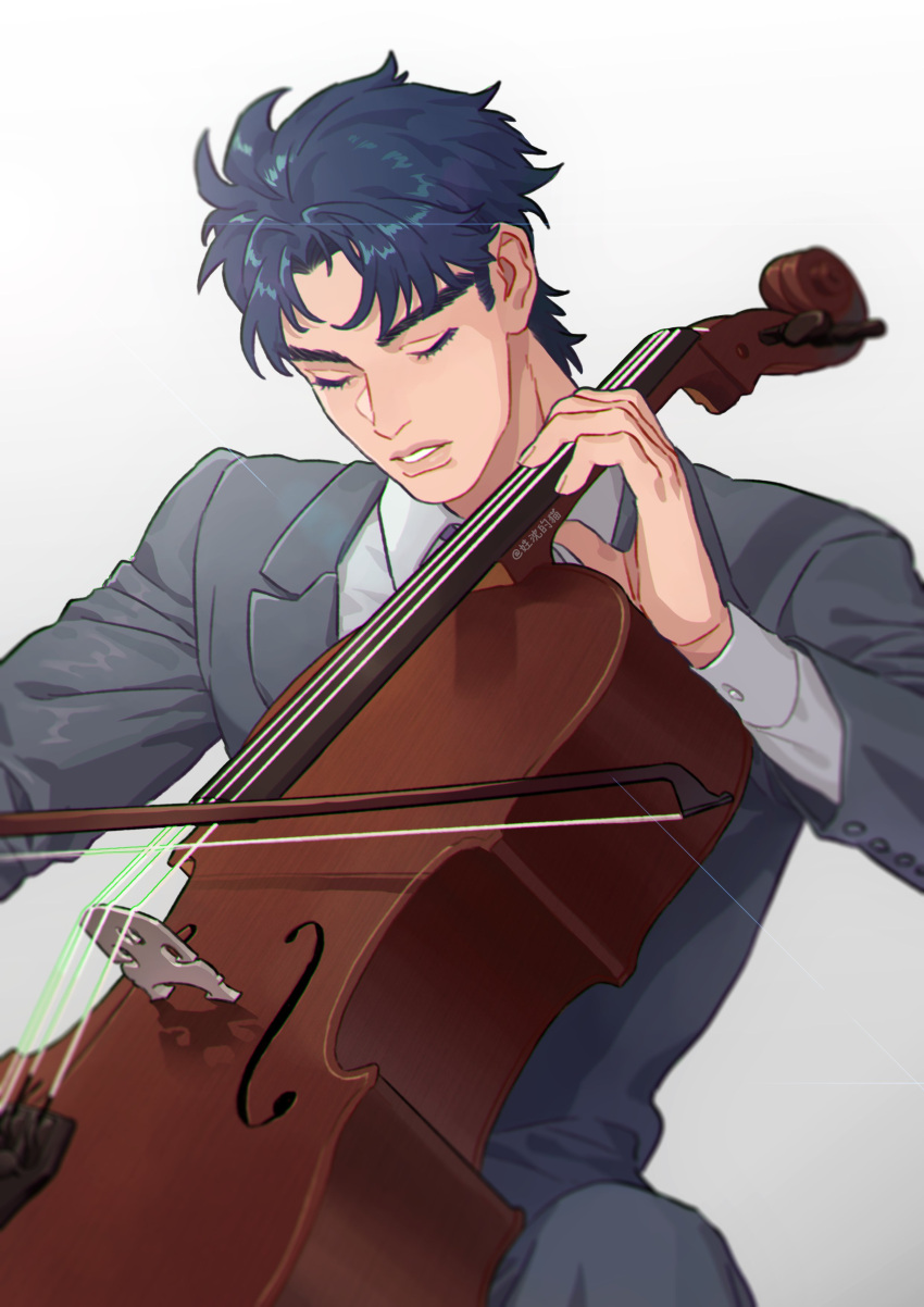 1boy absurdres blue_hair bow_(music) closed_eyes commentary_request formal grey_jacket grey_pants highres holding holding_instrument honlo instrument jacket jojo_no_kimyou_na_bouken jonathan_joestar long_sleeves male_focus music pants parted_lips playing_instrument shirt short_hair solo violin white_shirt