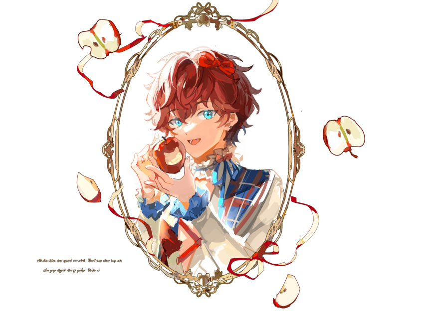 1boy :d amagi_hiiro apple blue_eyes blue_ribbon bow collar earrings ensemble_stars! fang food food_bite framed frilled_collar frilled_sleeves frills fruit hair_between_eyes hair_bow holding holding_food holding_fruit jacket jewelry lapels lingcat lower_teeth_only male_focus official_alternate_costume red_bow red_ribbon redhead ribbon shawl_lapels short_hair simple_background smile solo teeth upper_body white_background white_jacket