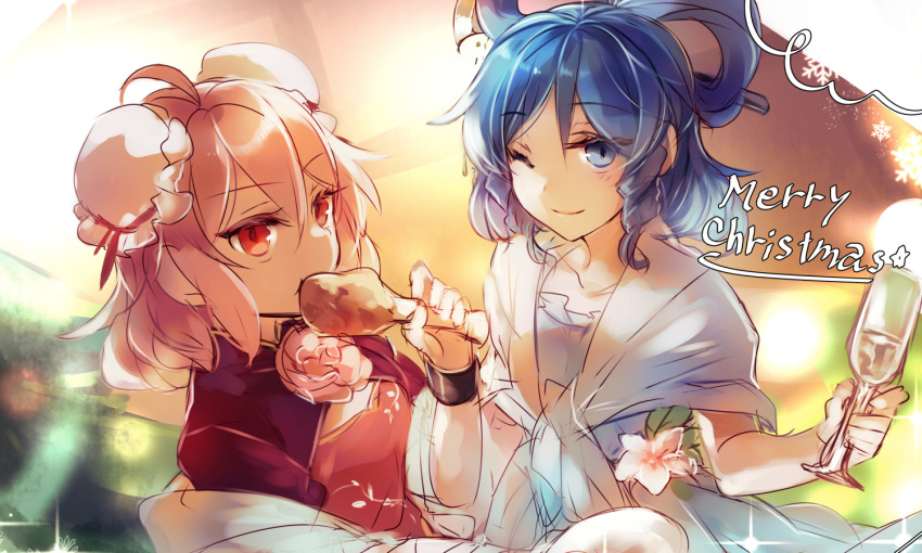 2girls bird blue_eyes bun_cover chicken chisel cup double_bun drinking_glass english_text flower food hair_bun hair_ornament hair_rings hair_stick holding holding_cup holding_food ibaraki_kasen kaku_seiga kutsuki_kai looking_at_viewer merry_christmas multiple_girls one_eye_closed pink_flower pink_hair pink_rose rose short_hair smile touhou upper_body