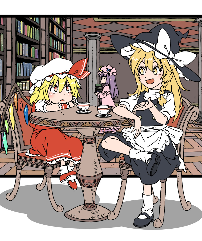 3girls :d :o apron asymmetrical_hair back_bow black_dress black_footwear blonde_hair blue_bow blush book book_stack bookshelf bow braid buttons capelet chair checkered_ceiling chibi commentary_request crescent crescent_hat_ornament crossed_arms crossed_legs cup dot_nose dress flandre_scarlet full_body hair_between_eyes hair_bow hair_ribbon hat hat_bow hat_ornament head_rest highres holding holding_book inuno_rakugaki jitome kirisame_marisa long_hair looking_at_another mob_cap multicolored_wings multiple_girls patchouli_knowledge pillar pink_capelet pink_headwear purple_hair red_bow red_eyes red_footwear red_skirt red_vest ribbon saucer shadow shirt short_sleeves side_braid sidelocks sitting skirt skirt_set smile socks table teacup tile_floor tiles touhou tress_ribbon v-shaped_eyebrows vest waist_apron white_bow white_shirt white_socks wide_sleeves wings witch_hat wrist_cuffs yellow_eyes