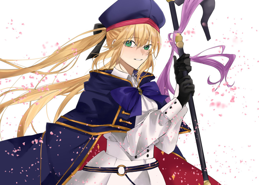 1girl absurdres artoria_caster_(fate) artoria_pendragon_(fate) bangs beret black_gloves blonde_hair blue_cape bow buttons cape double-breasted fate/grand_order fate_(series) gloves gold_trim green_eyes hair_ribbon hat highres holding long_sleeves looking_at_viewer mage_staff multicolored_cape multicolored_clothes red_cape ribbon seirara simple_background smile solo twintails white_background