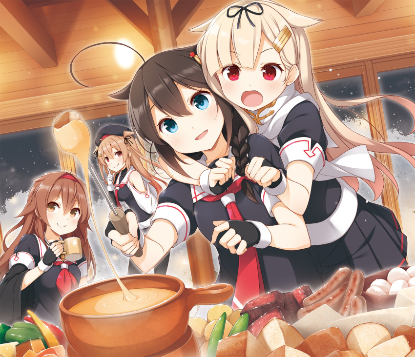 4girls ahoge asymmetrical_clothes black_gloves black_hair black_headwear black_ribbon black_serafuku black_shirt black_skirt blonde_hair blue_eyes blush braid brown_eyes brown_hair closed_mouth cup fang fingerless_gloves fondue_au_fromage food gloves gradient_hair hair_between_eyes hair_flaps hair_ornament hair_over_shoulder hair_ribbon hairband hairclip hat heterochromia highres holding holding_cup kantai_collection light_brown_hair long_hair meat miniskirt mug multicolored_hair multiple_girls murasame_(kancolle) murasame_kai_ni_(kancolle) neckerchief necktie open_mouth pink_hair pleated_skirt red_eyes red_hairband red_neckerchief red_necktie ribbon scarf school_uniform serafuku shigure_(kancolle) shigure_kai_ni_(kancolle) shiratsuyu_(kancolle) shiratsuyu_kai_ni_(kancolle) shirt short_sleeves single_braid skirt smile tongue tongue_out two_side_up very_long_hair white_gloves white_scarf yume_no_owari yuudachi_(kancolle) yuudachi_kai_ni_(kancolle)