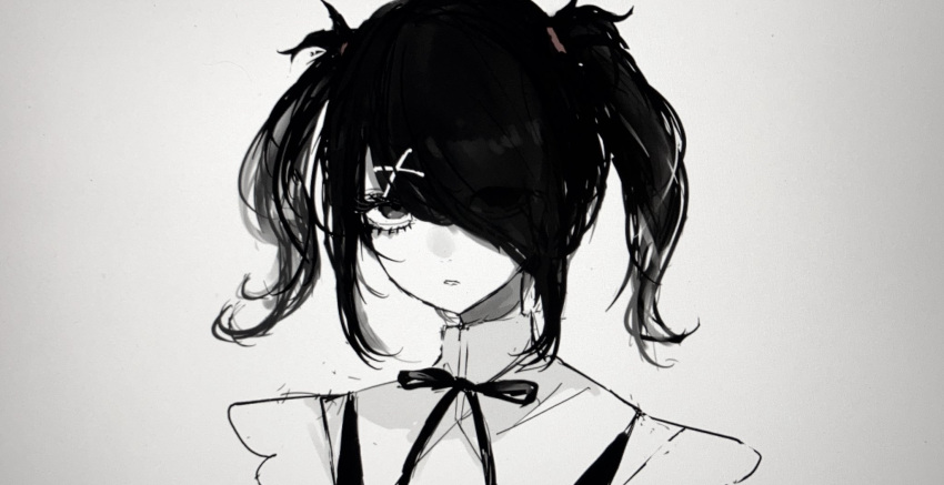 1girl ame-chan_(needy_girl_overdose) expressionless greyscale hair_ornament hair_over_one_eye hair_tie highres jirai_kei looking_at_viewer medium_hair monochrome neck_ribbon needy_girl_overdose ribbon simple_background sketch solo twintails upper_body x_hair_ornament yohukeno