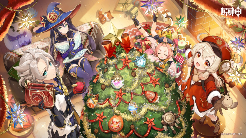 1boy 3girls ahoge albedo_(genshin_impact) animal_ears apple backpack bag bangs black_gloves black_hair blonde_hair blue_eyes blue_thighhighs book box cat_ears cat_girl christmas christmas_tree closed_eyes coat cocoon_(loveririn) couch diona_(genshin_impact) elbow_gloves eyebrows_hidden_by_hair food fruit genshin_impact gift gift_box gloves green_eyes grey_hair hair_between_eyes hat highres holding holding_book holding_food holding_fruit holding_pillow indoors klee_(genshin_impact) light long_hair looking_at_viewer looking_up lying merry_christmas mona_(genshin_impact) multiple_girls object_hug official_art open_mouth pillow pillow_hug pink_hair pointy_ears red_eyes ribbon short_hair shorts sitting smile standing tail thigh-highs twintails witch_hat