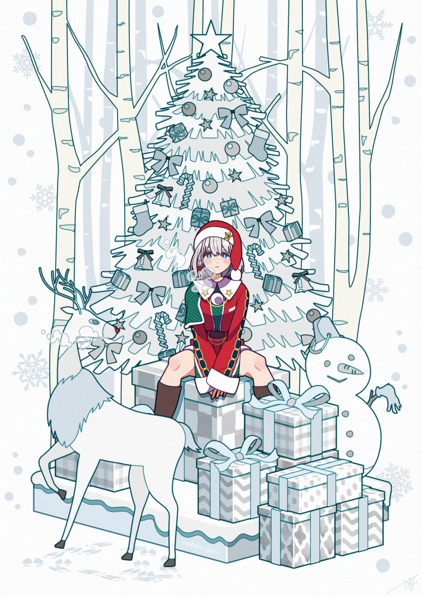 1girl bangs bare_tree black_footwear blue_eyes boots bow breath candy candy_cane christmas christmas_ornaments christmas_stocking christmas_tree closed_mouth commentary dress food gift grey_hair hat highres idolmaster idolmaster_shiny_colors knee_boots light_smile long_hair looking_at_viewer outdoors red_dress red_headwear reindeer santa_dress santa_hat serizawa_asahi short_dress sitting snow snowing snowman solo star_(symbol) tree v_arms yadokugaeru