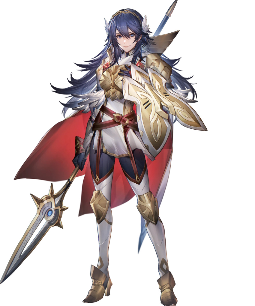 1girl alternate_costume arm_guards armor armored_boots bangs belt blue_eyes blue_hair bodysuit bodysuit_under_clothes boots breastplate breasts cape closed_mouth feather_trim fire_emblem fire_emblem_awakening fire_emblem_heroes full_body garter_straps gloves gold_trim high_heels highres holding holding_weapon jewelry lips long_hair looking_at_viewer lucina_(fire_emblem) mizutama_(mao11260510) multiple_belts non-web_source official_art polearm ribbed_bodysuit shield shiny shiny_hair shoulder_armor skin_tight smile solo spear standing tiara transparent_background turtleneck weapon