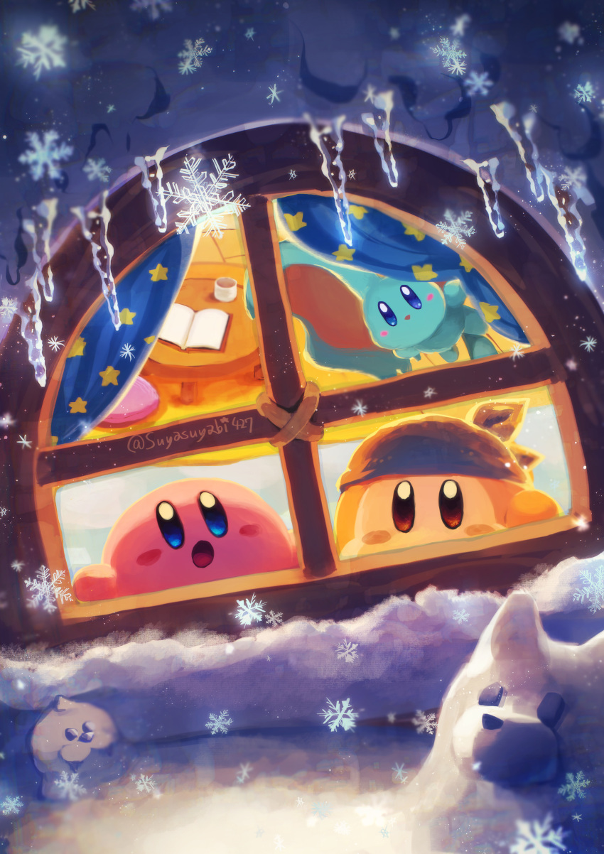 :o absurdres artist_name awoofy bandana bandana_waddle_dee blue_bandana blue_eyes blush blush_stickers book brown_eyes character_snowman cup curtains elfilin highres icicle indoors kirby kirby's_house kirby_(series) looking_outside mr._frosty night no_humans open_book open_mouth snow snowflakes snowing snowman star_(symbol) suyasuyabi table twitter_username window winter