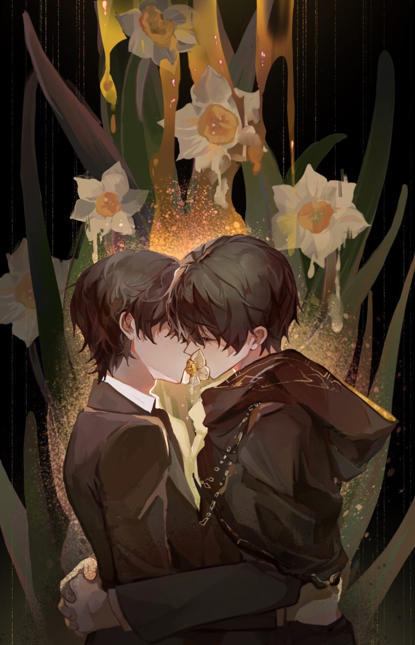 2boys absurdres bangs black_cloak black_hair black_jacket chinese_commentary cloak closed_eyes cocozha commentary_request flower flower_in_mouth highres hug implied_yaoi jacket kiss klein_moretti lord_of_the_mysteries multiple_boys nail nectar selfcest shirt short_hair water_drop white_shirt