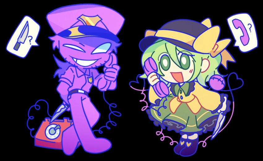 1boy 1girl :d bangs black_background black_headwear bow bright_pupils chibi chinese_commentary colored_skin commentary_request crossover five_nights_at_freddy's frilled_shirt_collar frilled_skirt frills full_body green_eyes green_hair green_skirt grin hair_between_eyes hat hat_bow heart heart_of_string highres holding holding_knife holding_phone knife komeiji_koishi long_sleeves open_mouth pants phone purple_pants purple_shirt purple_skin schoolcaco3 shirt simple_background skirt smile third_eye touhou william_afton yellow_bow yellow_shirt
