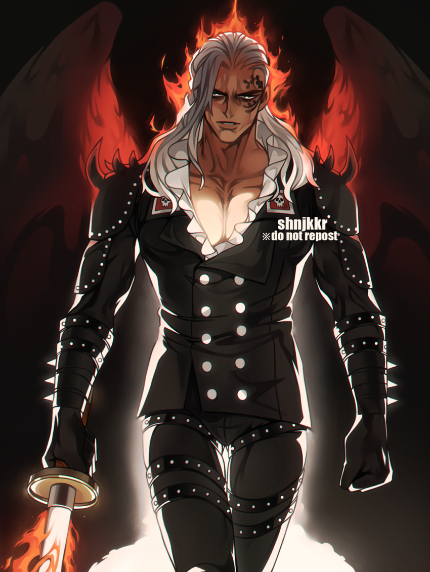 1boy armlet artist_name black_gloves black_jacket black_pants burning buttons collarbone commentary cowboy_shot double-breasted facial_tattoo feathered_wings flaming_sword flaming_weapon gloves grey_eyes hair_over_shoulder highres holding holding_sword holding_weapon jacket king_(one_piece) long_hair long_sleeves looking_at_viewer male_focus one_piece pants parted_lips pectorals serious shinjikokoro shoulder_pads shoulder_spikes skull_print solo spiked_armlet spikes standing sword tattoo watermark weapon white_hair wings