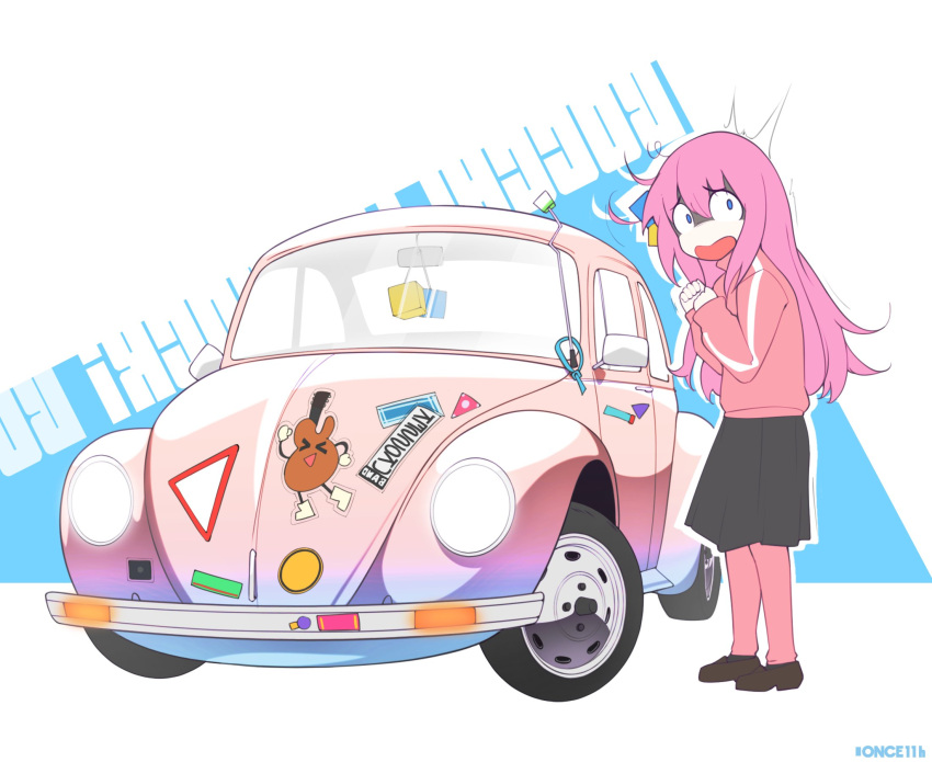 1girl artist_logo artist_name bangs black_skirt black_socks blue_eyes bocchi_the_rock! brown_footwear car commentary cowlick cube_hair_ornament english_text eyes_visible_through_hair flipped_hair full_body gotou_hitori ground_vehicle hair_between_eyes hair_ornament hands_up highres jacket leggings loafers long_hair long_sleeves looking_at_viewer messy_hair motor_vehicle once_11h open_mouth outline own_hands_together pink_hair pink_jacket pink_leggings pleated_skirt shoes simple_background single_sidelock skirt socks solo standing sticker straight_hair surprised tareme track_jacket very_long_hair volkswagen_beetle white_background white_outline