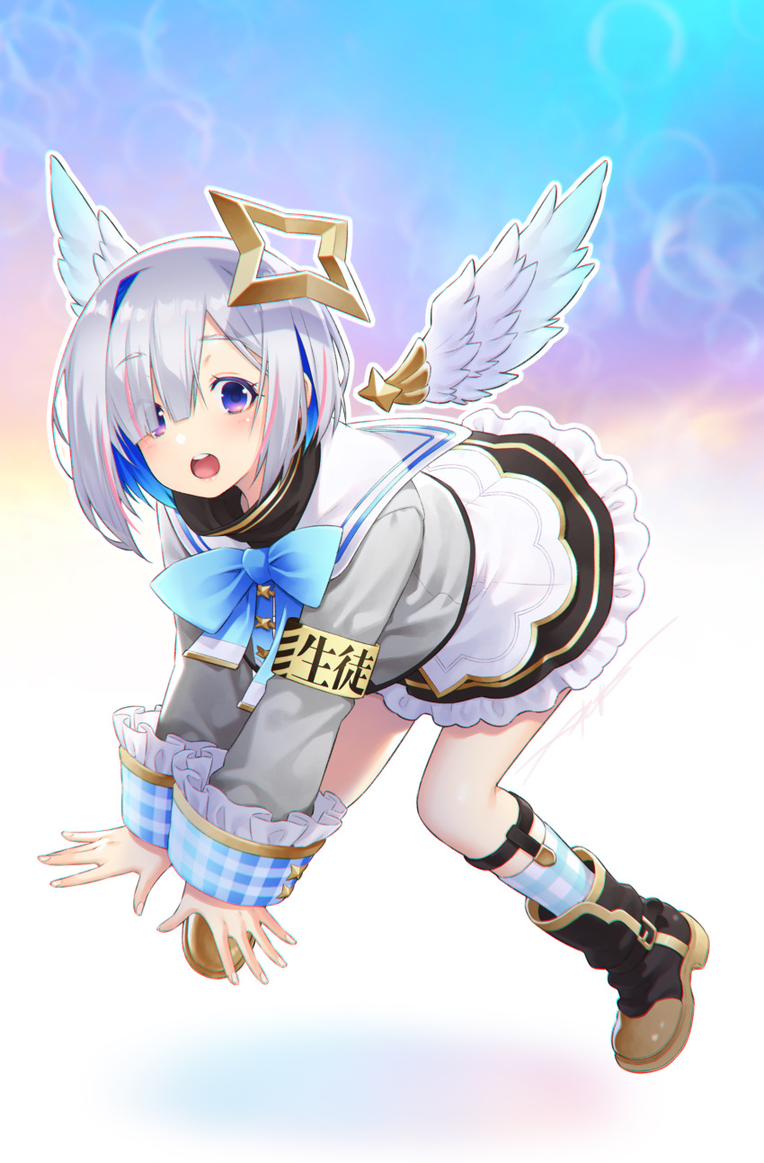 1girl absurdres amane_kanata black_footwear blue_hair boots commentary_request full_body grey_hair grey_shirt hair_over_one_eye halo highres hololive kazuma_muramasa long_sleeves looking_at_viewer multicolored_hair open_mouth pink_hair shiny shiny_hair shirt socks solo star_halo teeth upper_teeth_only violet_eyes virtual_youtuber white_wings wings